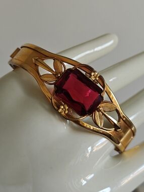 Vintage Art Deco Faux Ruby Gold Filled Hinged Cuff Bracelet